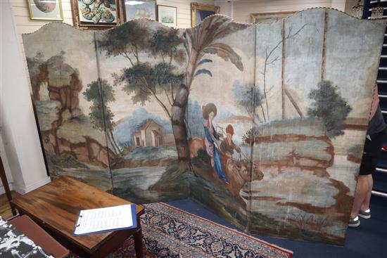 A pair of painted four fold dressing screens H.190cm